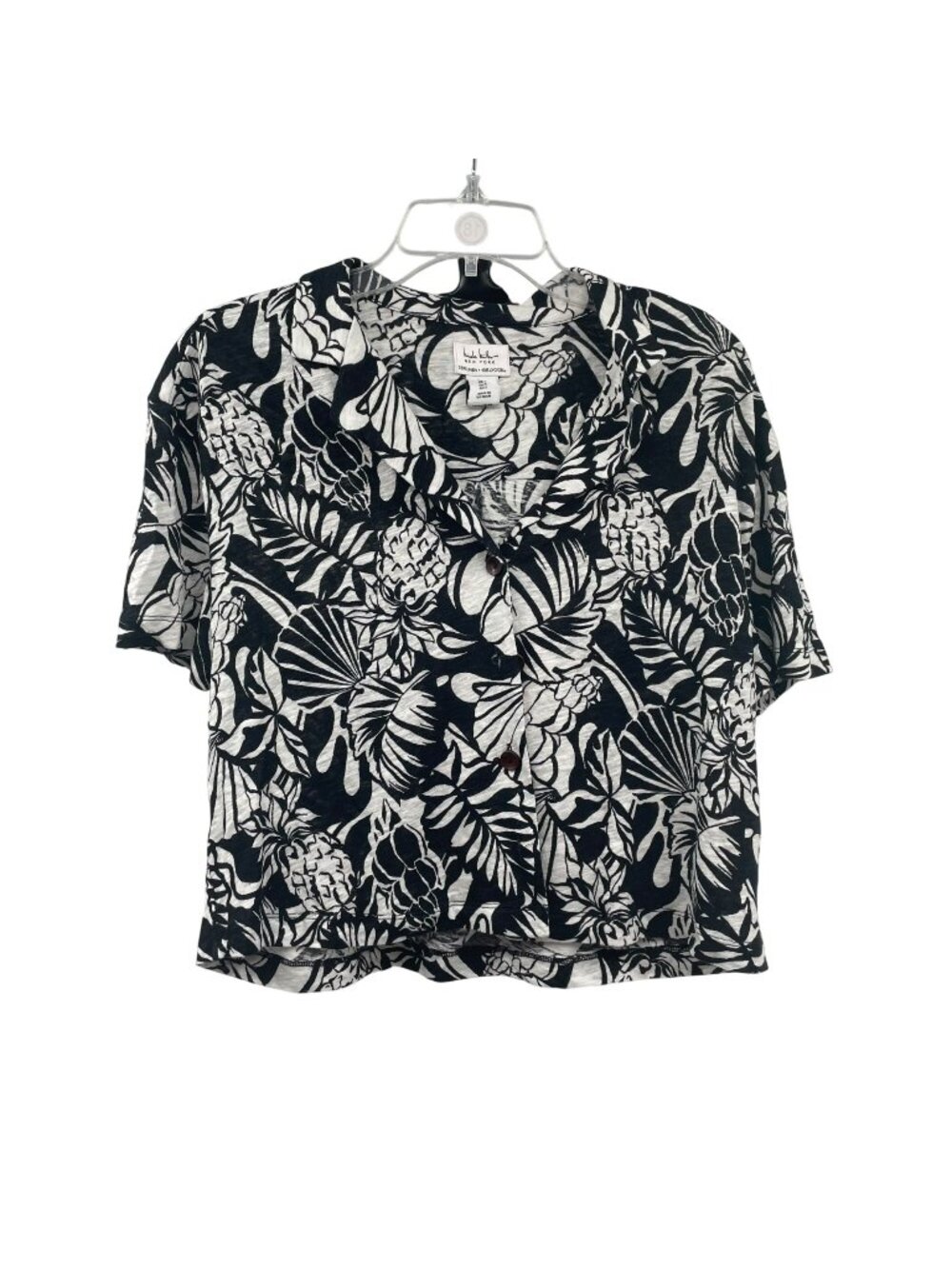Nicole Miller Tropical Print Button Up Crop Top Black/White Size Small